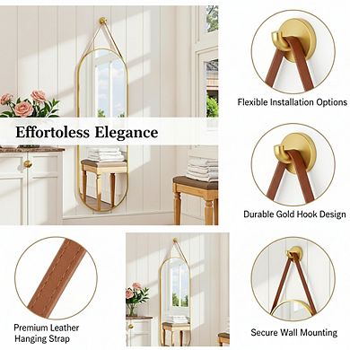 KSIZUIS Leather Strap Oval Mirror - 16"x48" Full Length Gold Aluminum Frame, Wall Mounted