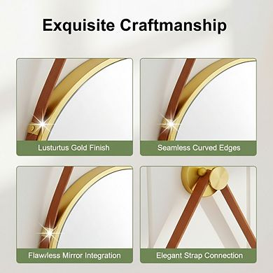 KSIZUIS Leather Strap Oval Mirror - 16"x48" Full Length Gold Aluminum Frame, Wall Mounted