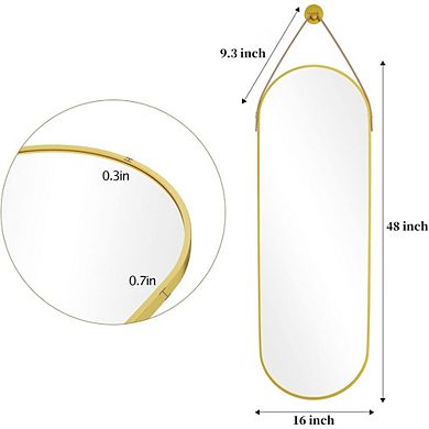 KSIZUIS Leather Strap Oval Mirror - 16"x48" Full Length Gold Aluminum Frame, Wall Mounted