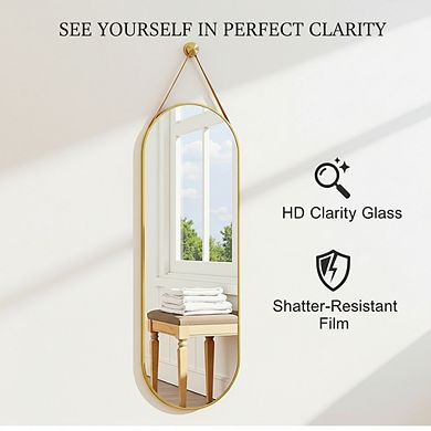 KSIZUIS Leather Strap Oval Mirror - 16"x48" Full Length Gold Aluminum Frame, Wall Mounted