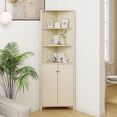 68 Inch Tall Corner Bathroom Storage Cabinet with Shelves and Fluted Doors