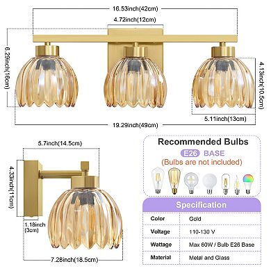 POWLIG 3-Light Gold Vanity Light with Amber Glass Shades, 19.29 Inch Modern Wall Sconce