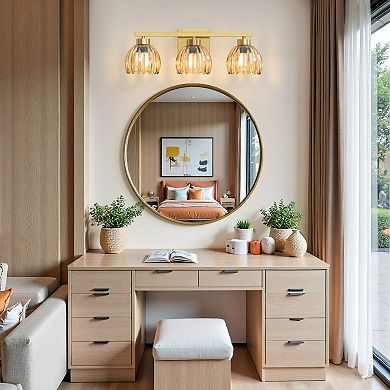 POWLIG 3-Light Gold Vanity Light with Amber Glass Shades, 19.29 Inch Modern Wall Sconce