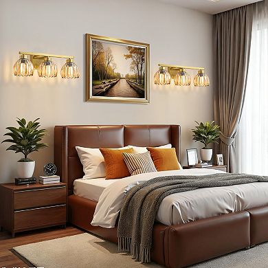 POWLIG 3-Light Gold Vanity Light with Amber Glass Shades, 19.29 Inch Modern Wall Sconce