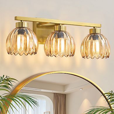 POWLIG 3-Light Gold Vanity Light with Amber Glass Shades, 19.29 Inch Modern Wall Sconce