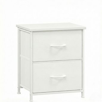 ZUQIETA Nightstand with 2 Drawers & Fabric Bins, Small White Leather Dresser for Bedroom