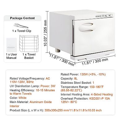 8L Hot Towel Warmer Cabinet Countertop Towel Heater with UV Light - White