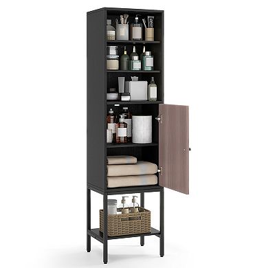 57 Inch Tall Narrow Bathroom Storage Cabinet with Single Door and Shelves