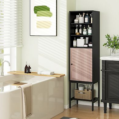 57 Inch Tall Narrow Bathroom Storage Cabinet with Single Door and Shelves