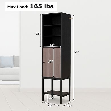 57 Inch Tall Narrow Bathroom Storage Cabinet with Single Door and Shelves