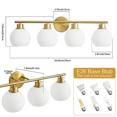 POWLIG 29.53" 4-Light Dimmable Bathroom Vanity Light - Black Finish with Milky White Glass Shades