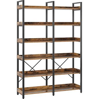 ZUQIETA 67” Industrial Bookcase with Hooks - 6 tier Open Shelf & Storage Rack, Rustic Brown