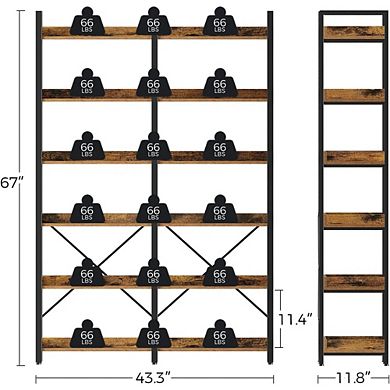 ZUQIETA 67” Industrial Bookcase with Hooks - 6-Tier Open Shelf & Storage Rack, Rustic Brown
