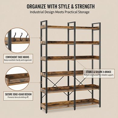 ZUQIETA 67” Industrial Bookcase with Hooks - 6-Tier Open Shelf & Storage Rack, Rustic Brown