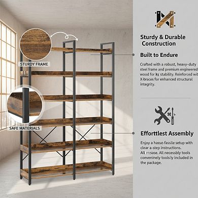 ZUQIETA 67” Industrial Bookcase with Hooks - 6-Tier Open Shelf & Storage Rack, Rustic Brown
