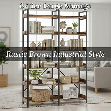 ZUQIETA 67” Industrial Bookcase with Hooks - 6-Tier Open Shelf & Storage Rack, Rustic Brown