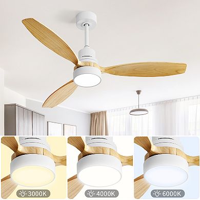 52 in.White Ceiling Fan White 3 Solid Wood Blades Remote Control Reversible DC Motor