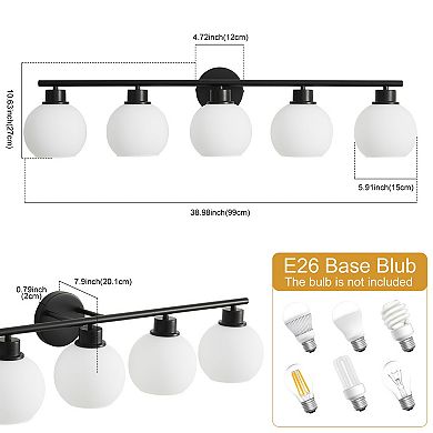 POWLIG 38.98" 5-Light Dimmable Bathroom Vanity Light - Gold Finish with Milky White Glass Shades