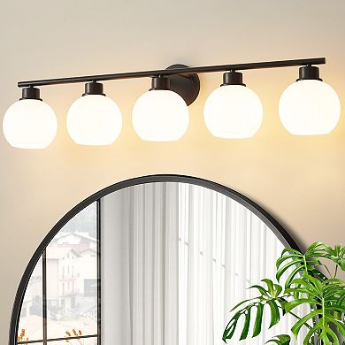 POWLIG 38.98" 5-Light Dimmable Bathroom Vanity Light - Gold Finish with Milky White Glass Shades