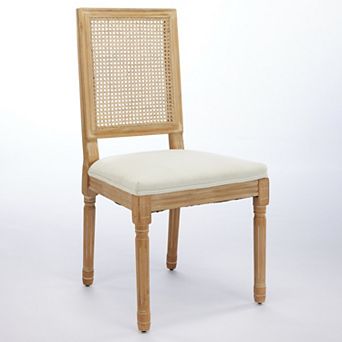 French Decor Louis Style Dining Chairs with Square Rattan Back and Solid Wood Frame Set of 2