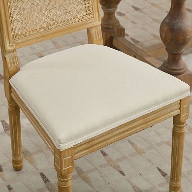 French Decor Louis Style Dining Chairs with Square Rattan Back and Solid Wood Frame Set of 2