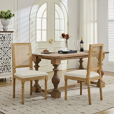 French Decor Louis Style Dining Chairs with Square Rattan Back and Solid Wood Frame Set of 2