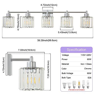 POWLIG 39" 5-Light Gold Vanity Light with Crystal Shades - Dimmable Bathroom Lighting Fixtures