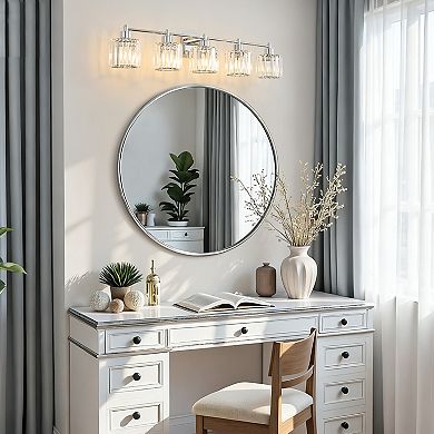 POWLIG 39" 5-Light Gold Vanity Light with Crystal Shades - Dimmable Bathroom Lighting Fixtures