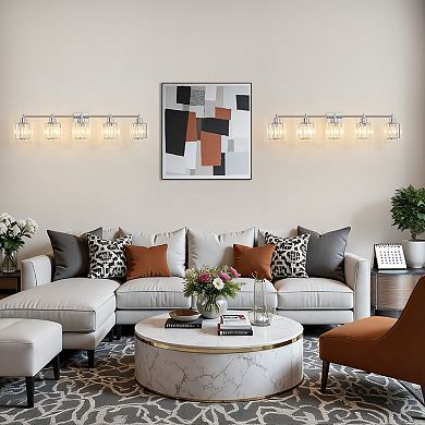 POWLIG 39" 5-Light Gold Vanity Light with Crystal Shades - Dimmable Bathroom Lighting Fixtures