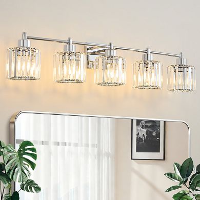 POWLIG 39" 5-Light Gold Vanity Light with Crystal Shades - Dimmable Bathroom Lighting Fixtures
