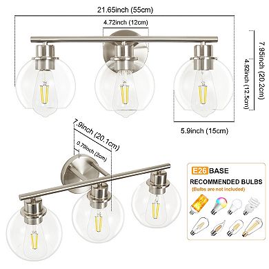 POWLIG 21.65" 3-Light Dimmable Bathroom Vanity Light - Nickel Finish with Clear Glass Shades