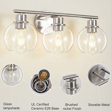 POWLIG 21.65" 3-Light Dimmable Bathroom Vanity Light - Nickel Finish with Clear Glass Shades
