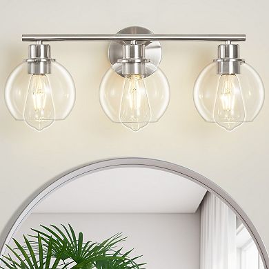 POWLIG 21.65" 3-Light Dimmable Bathroom Vanity Light - Nickel Finish with Clear Glass Shades