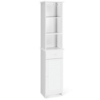Tall Freestanding Bathroom Storage Cabinet with Open Shelves and Drawer