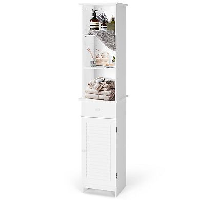Tall Freestanding Bathroom Storage Cabinet with Open Shelves and Drawer