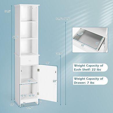 Tall Freestanding Bathroom Storage Cabinet with Open Shelves and Drawer