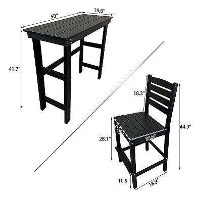 HDPE Patio Bar Set, Outdoor Bar Stools with Table (Black, 3 Piece with Backrest)
