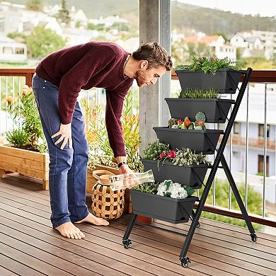 Costway 5-Tier Vertical Raised Garden Bed Elevated Planter with Wheels & Container Boxes Gray