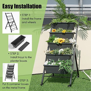Costway 5-Tier Vertical Raised Garden Bed Elevated Planter with Wheels & Container Boxes Gray