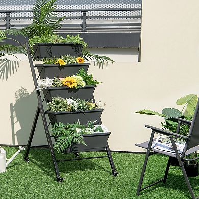 Costway 5-Tier Vertical Raised Garden Bed Elevated Planter with Wheels & Container Boxes Gray