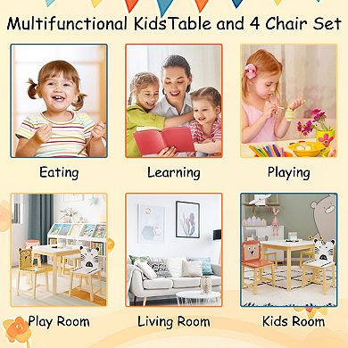 5-Piece Kids Table and Chair Set with 4 Chairs, Cartoon Animal Pattern, For Ages 3-8