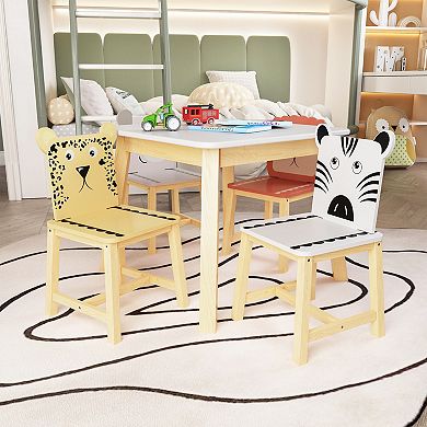 5-Piece Kids Table and Chair Set with 4 Chairs, Cartoon Animal Pattern, For Ages 3-8