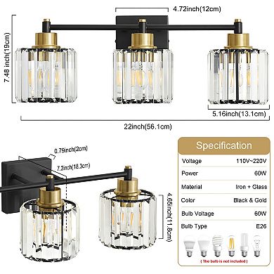 POWLIG 22" 3-Light Gold Vanity Light with Crystal Shades - Modern Dimmable Bathroom Lighting