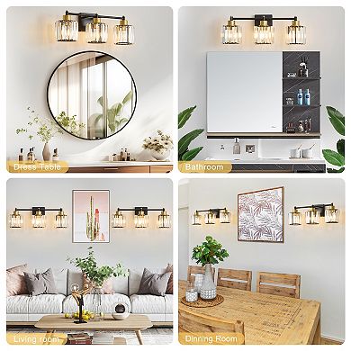 POWLIG 22" 3-Light Gold Vanity Light with Crystal Shades - Modern Dimmable Bathroom Lighting