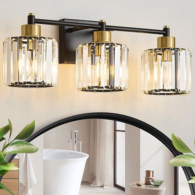 POWLIG 22" 3-Light Gold Vanity Light with Crystal Shades - Modern Dimmable Bathroom Lighting