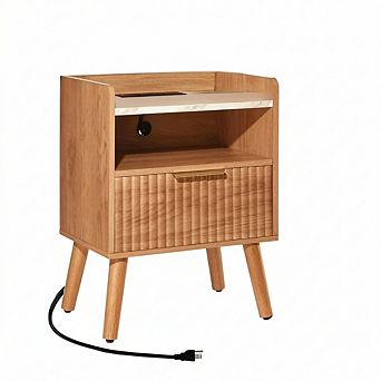 ZUQIETA Fluted Nightstand with Charging Station & Drawer,Faux Marble Top&Adjustable Legs