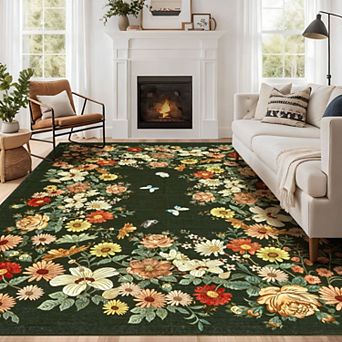 Rugs for Living Room, Washable Floral Area Rug Non Slip Soft, Low Pile Ultra-Thin Carpet