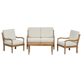 4 pc Wood Outdoor Sofa Set with Beige Cushions and a Coffee Table