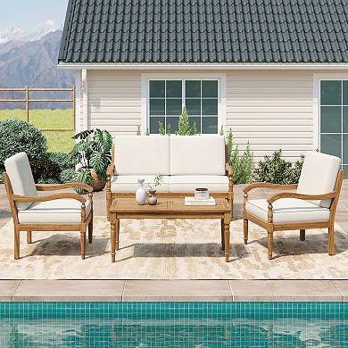 4-Piece Wood Outdoor Sofa Set with Beige Cushions and a Coffee Table