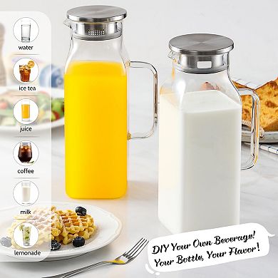 2 Pack Square Glass Pitcher with Lid Handle for Hot/Cold Drinks 68 Oz